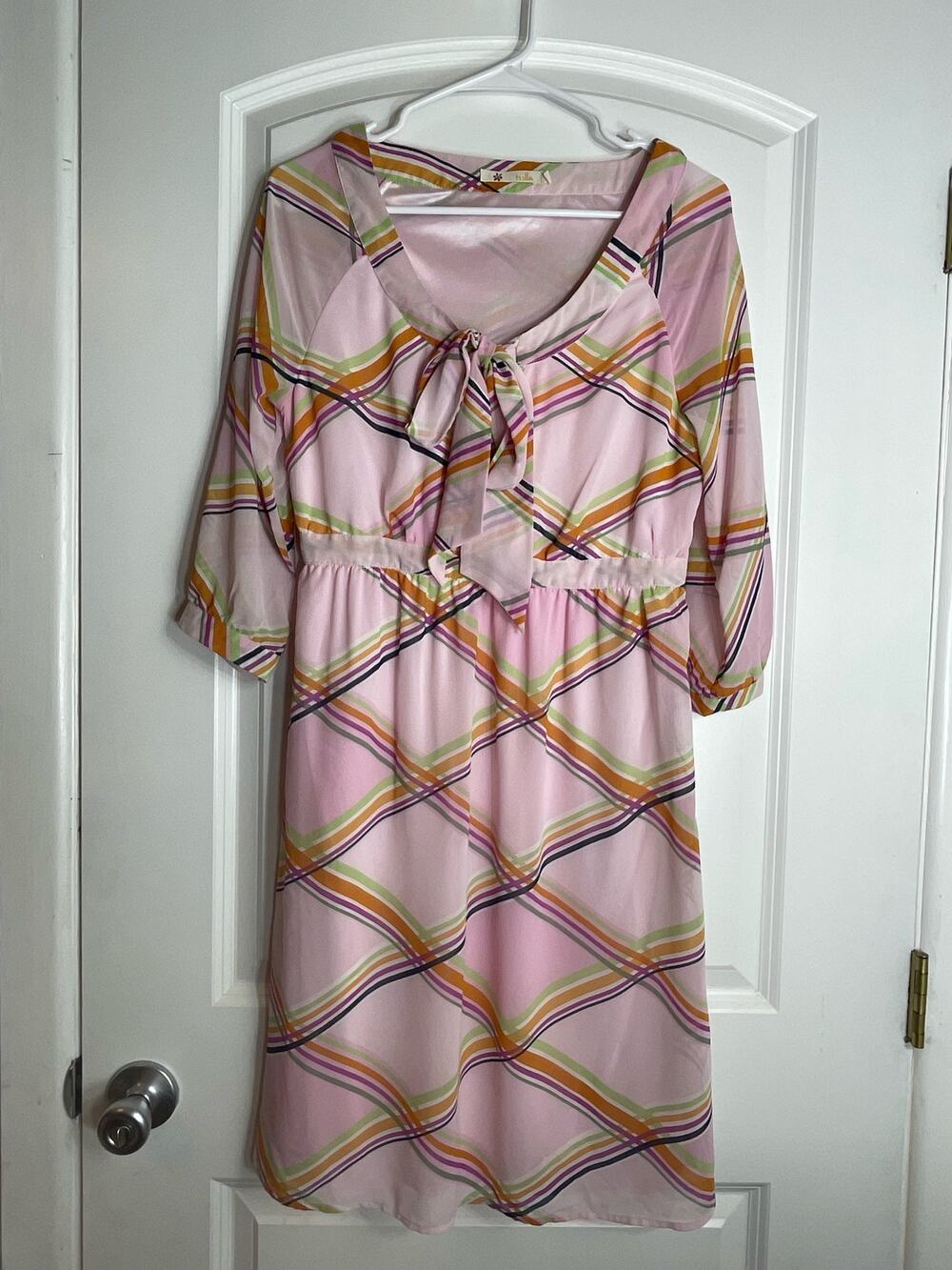 VTG Tulle Dress Small Powder Pink Chiffon Plaid Tie Neck Preppy Academia